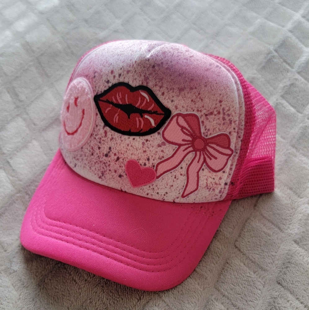 Graffiti Pink Trucker Hat with Patches Lips Bows Hearts